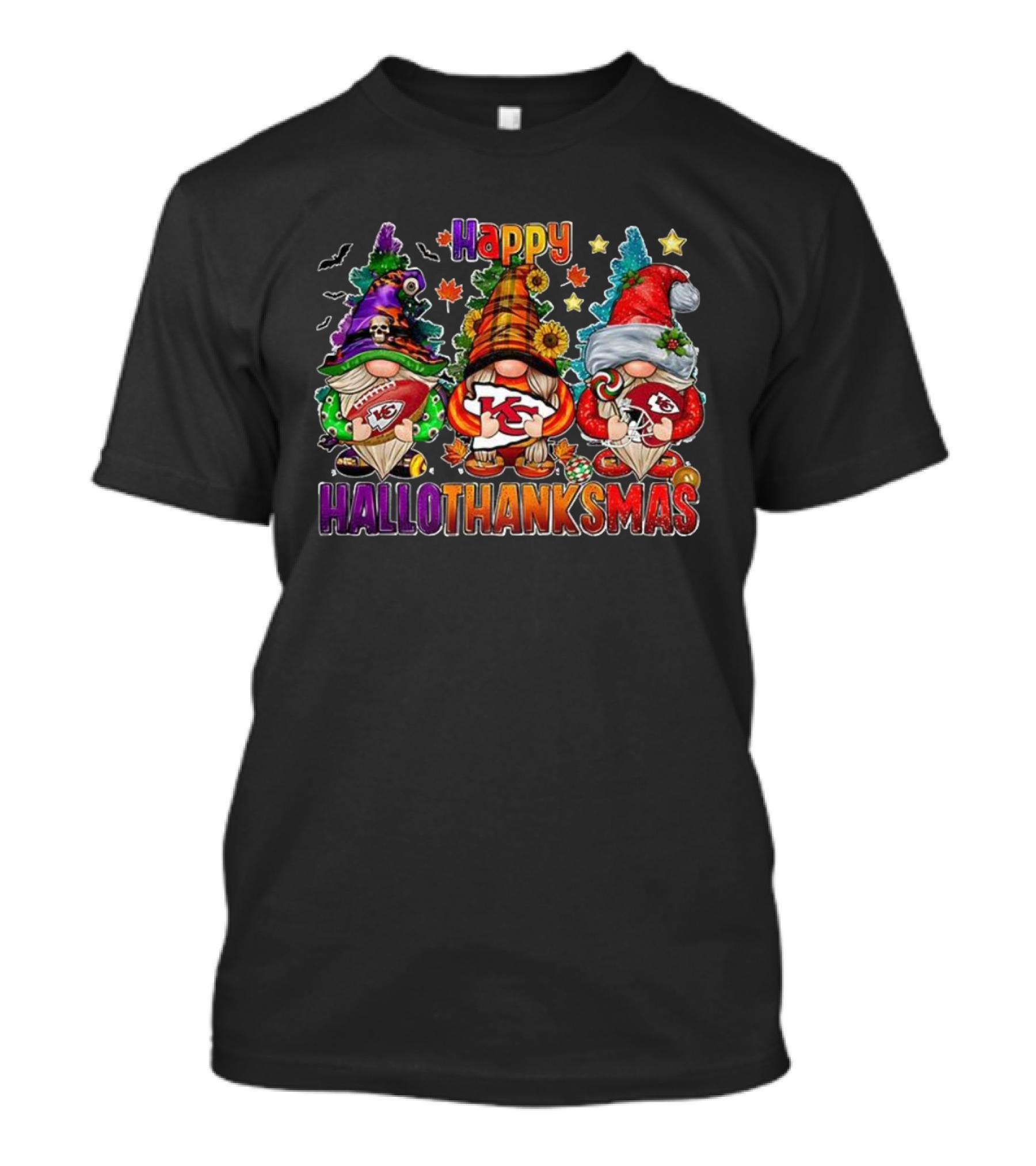 Kansas City Chiefs Happy Hallothanksmas Festive Gnomes Halloween Thanksgiving Christmas T-Shirt