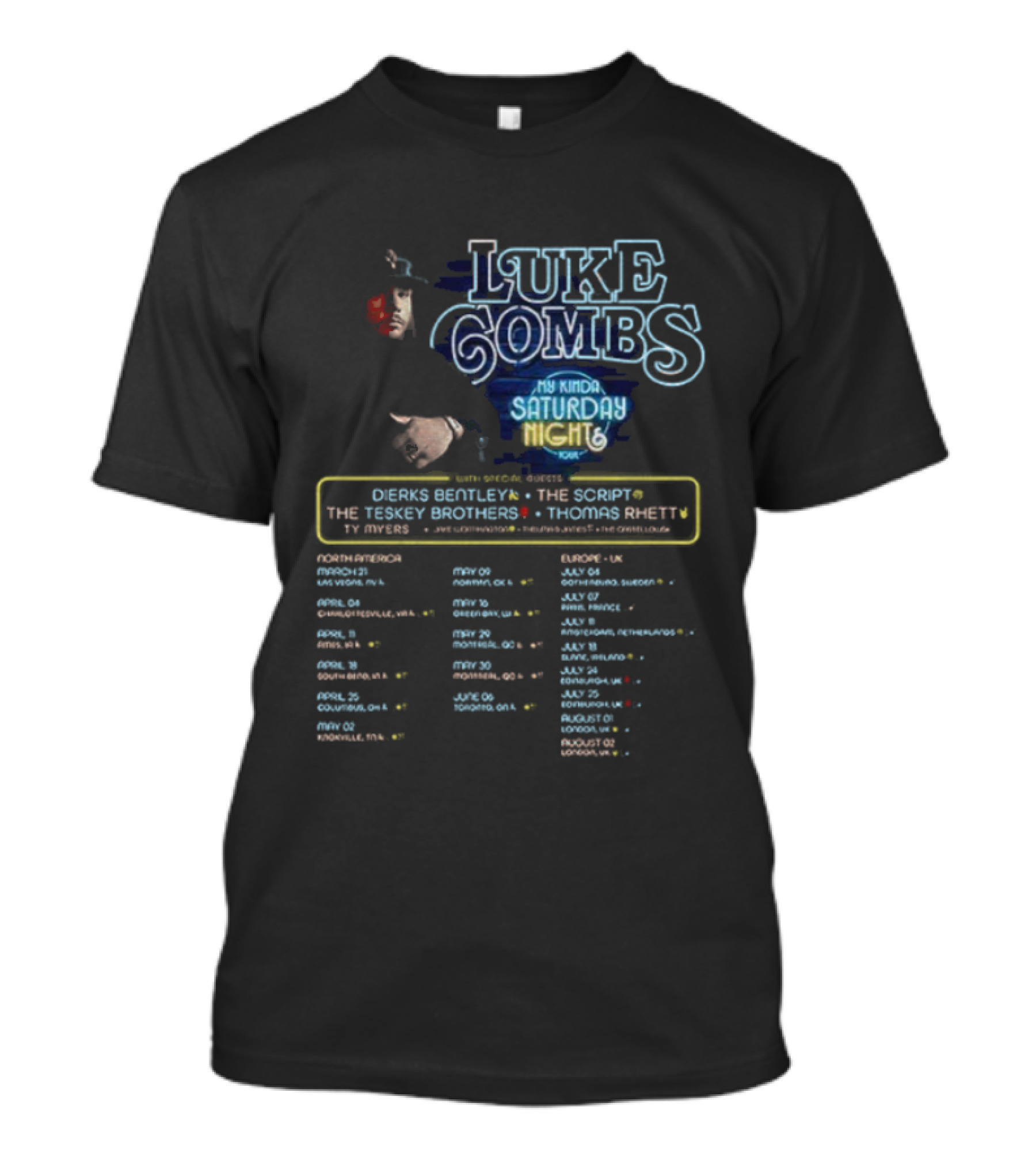 Luke Combs 2026 My Kinda Saturday Night Tour Dierks Bentley Kip Moore Tracy Byrd Thomas Rhett Events Dates T-Shirt