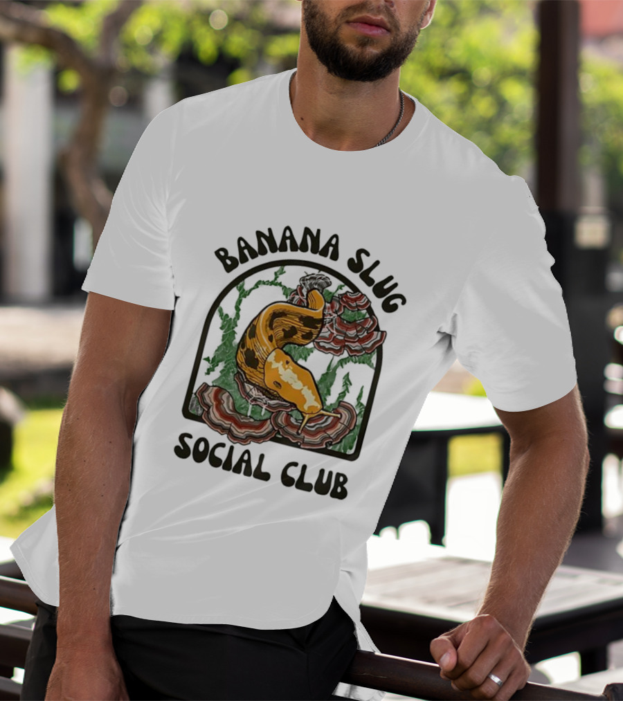 Banana Slug Social Club Nature-Inspired Design With Forest And Mushrooms T-Shirt