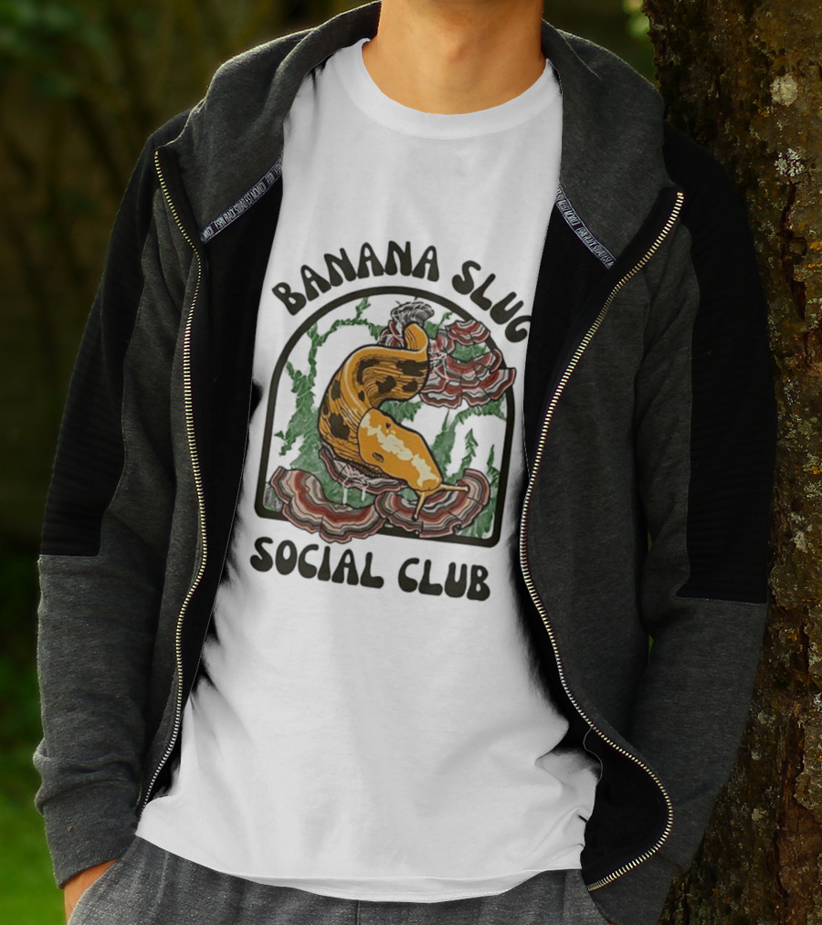 Banana Slug Social Club Nature-Inspired Design With Forest And Mushrooms T-Shirt