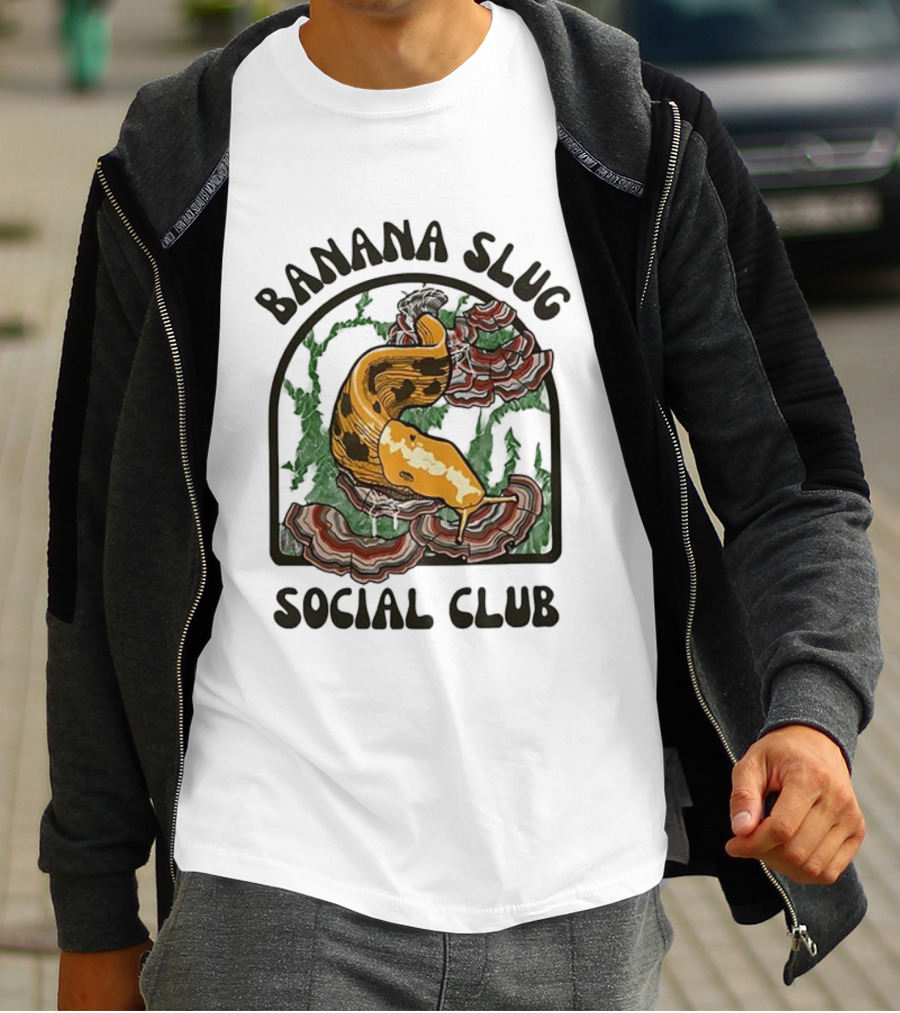 Banana Slug Social Club Nature-Inspired Design With Forest And Mushrooms T-Shirt