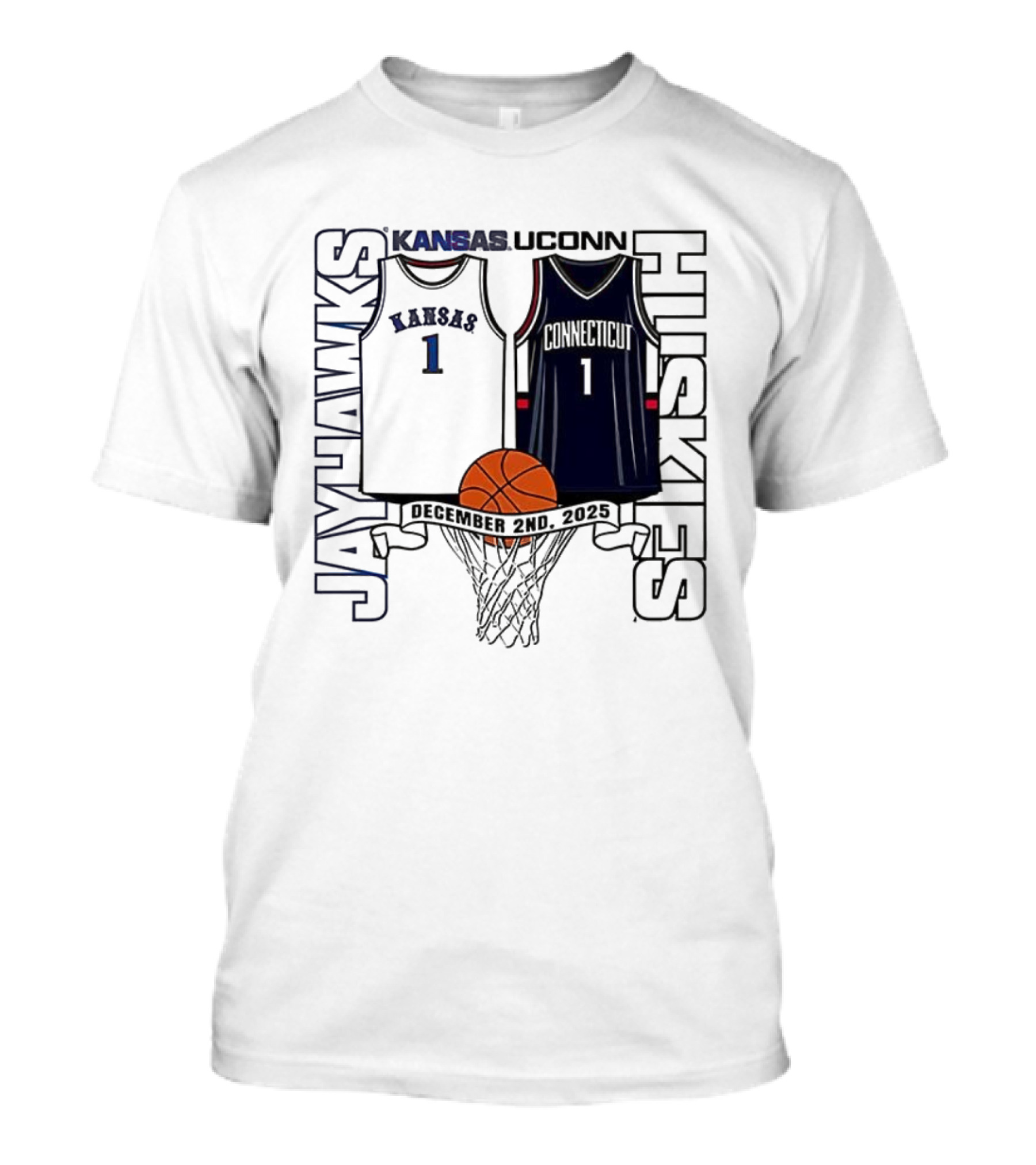 Kansas Jayhawks UConn Huskies Number 1 Jersey Basketball Matchup 2025 T-Shirt