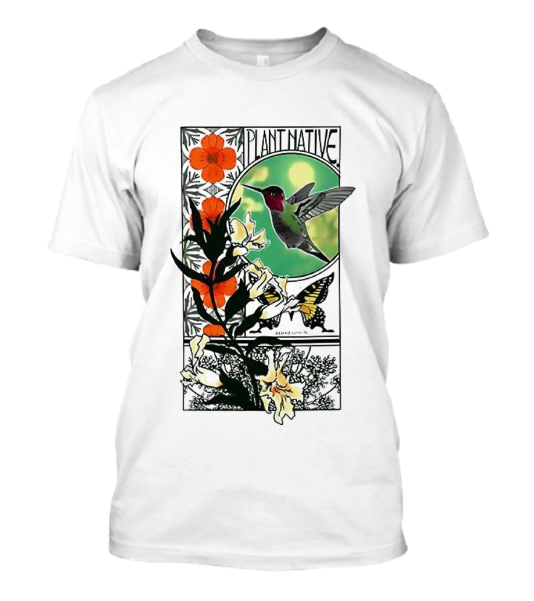 Plant Native Bird Hummingbird Floral Wildlife Scene T-Shirt