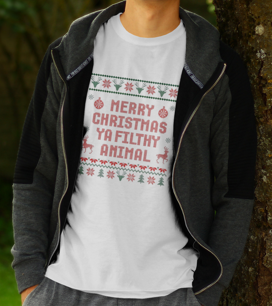 Merry Christmas Ya Filthy Animal Ugly Sweater 2025 Festive Holiday Poinsettia Reindeer T-Shirt