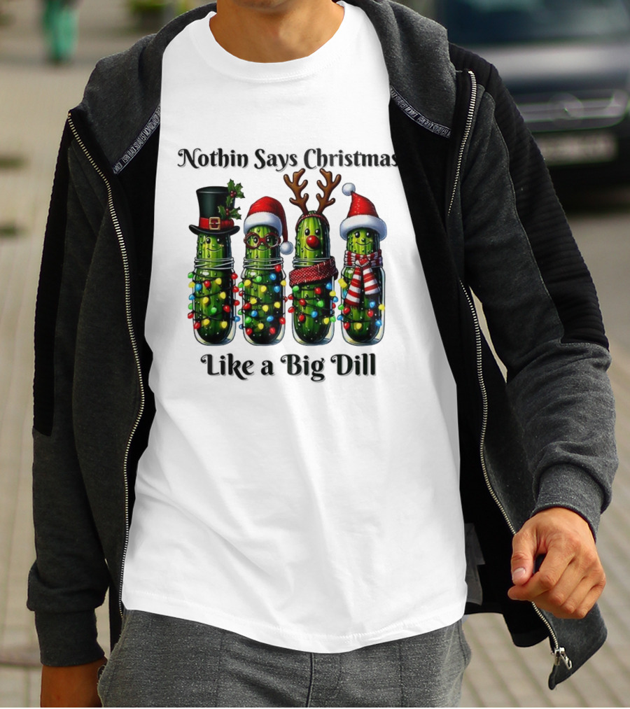 Nothin Says Christmas Like A Big Dill Pickle Jar Lights Reindeer T-Shirt