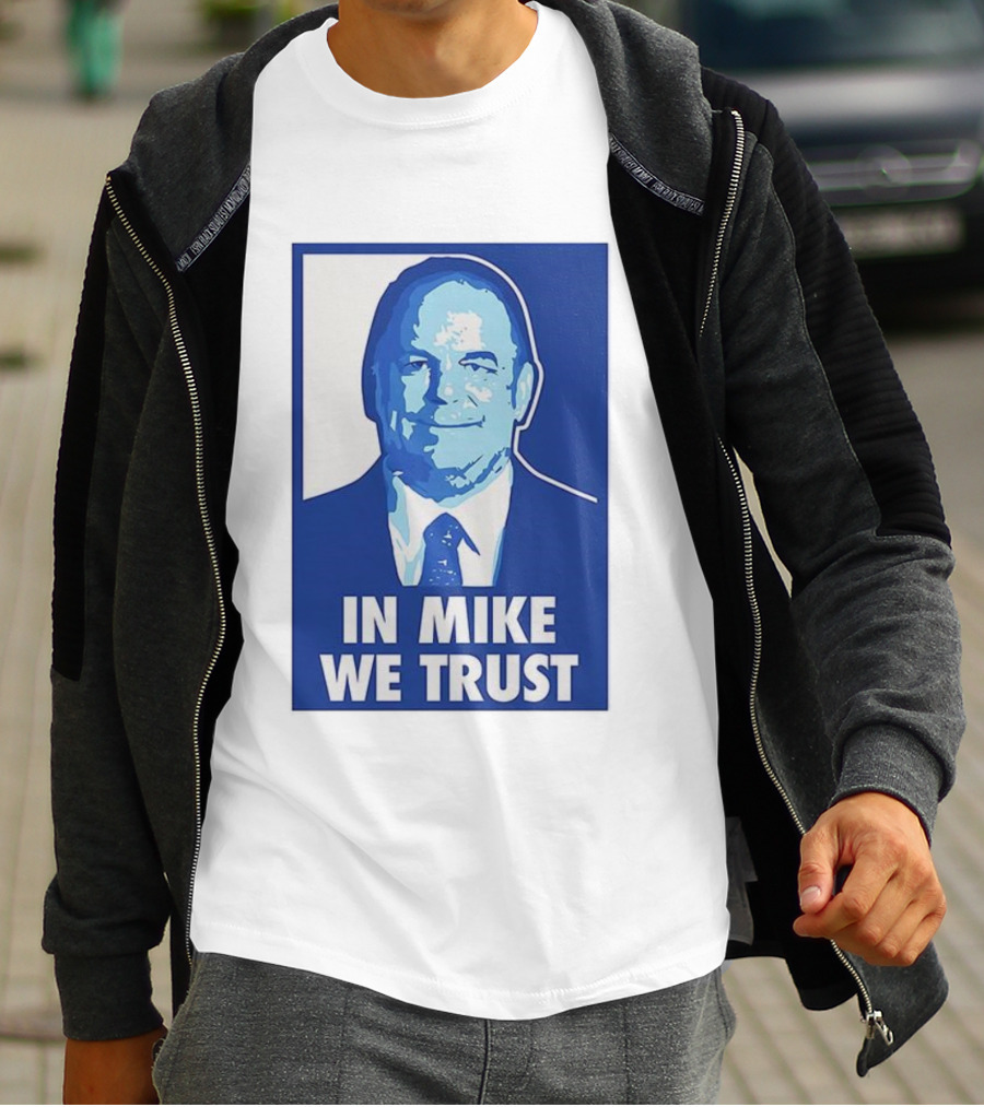 In Mike We Trust Mike Elko Blue Portrait T-Shirt