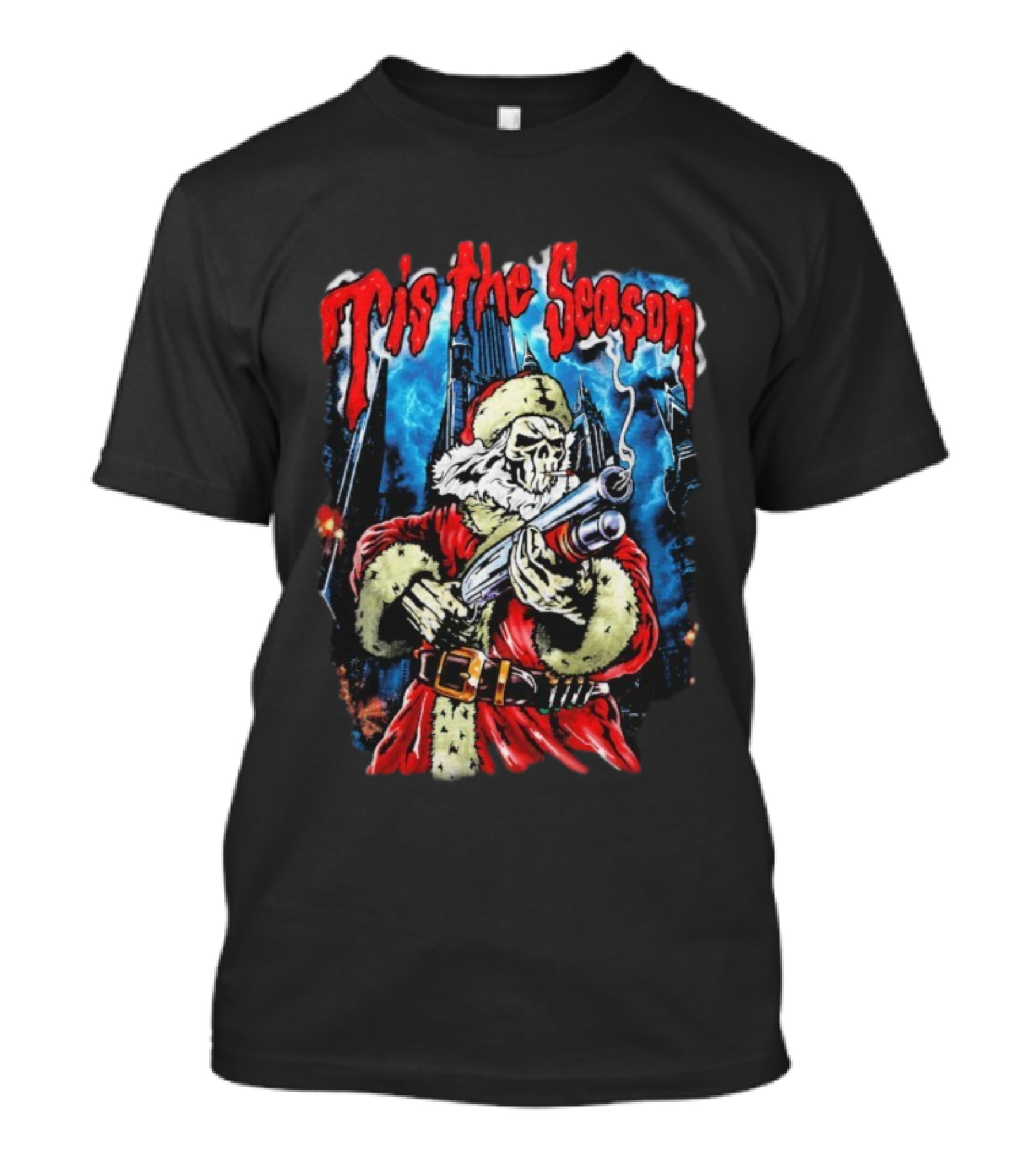Warren Lotas Tis The Season Skull Santa Holding Shotgun T-Shirt