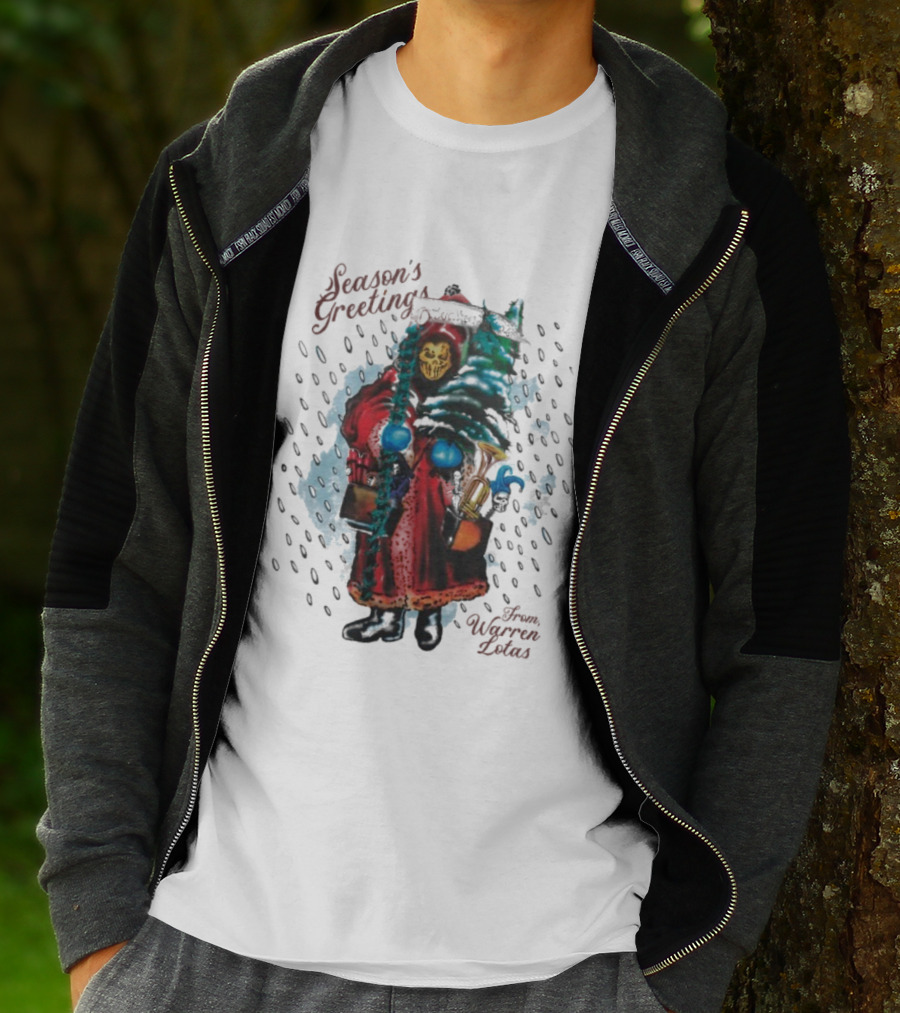 Season's Greetings From Warren Lotas Christmas Skeleton In Santa Robe T-Shirt