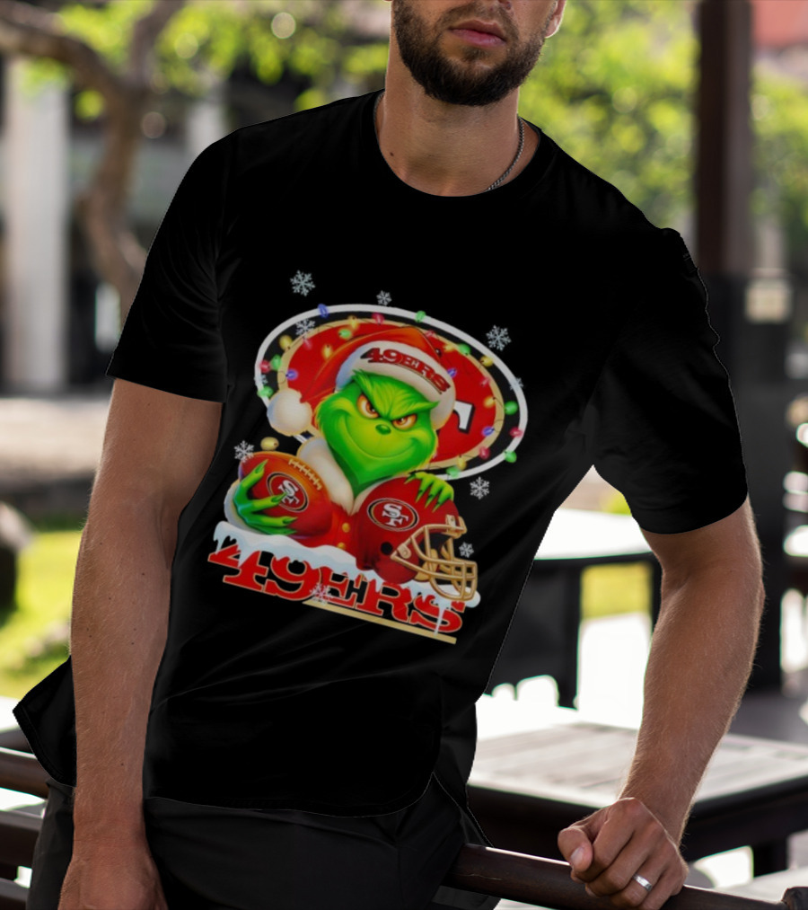 Grinch Holding Football And Helmet San Francisco 49ers Merry Christmas 49ers T-Shirt