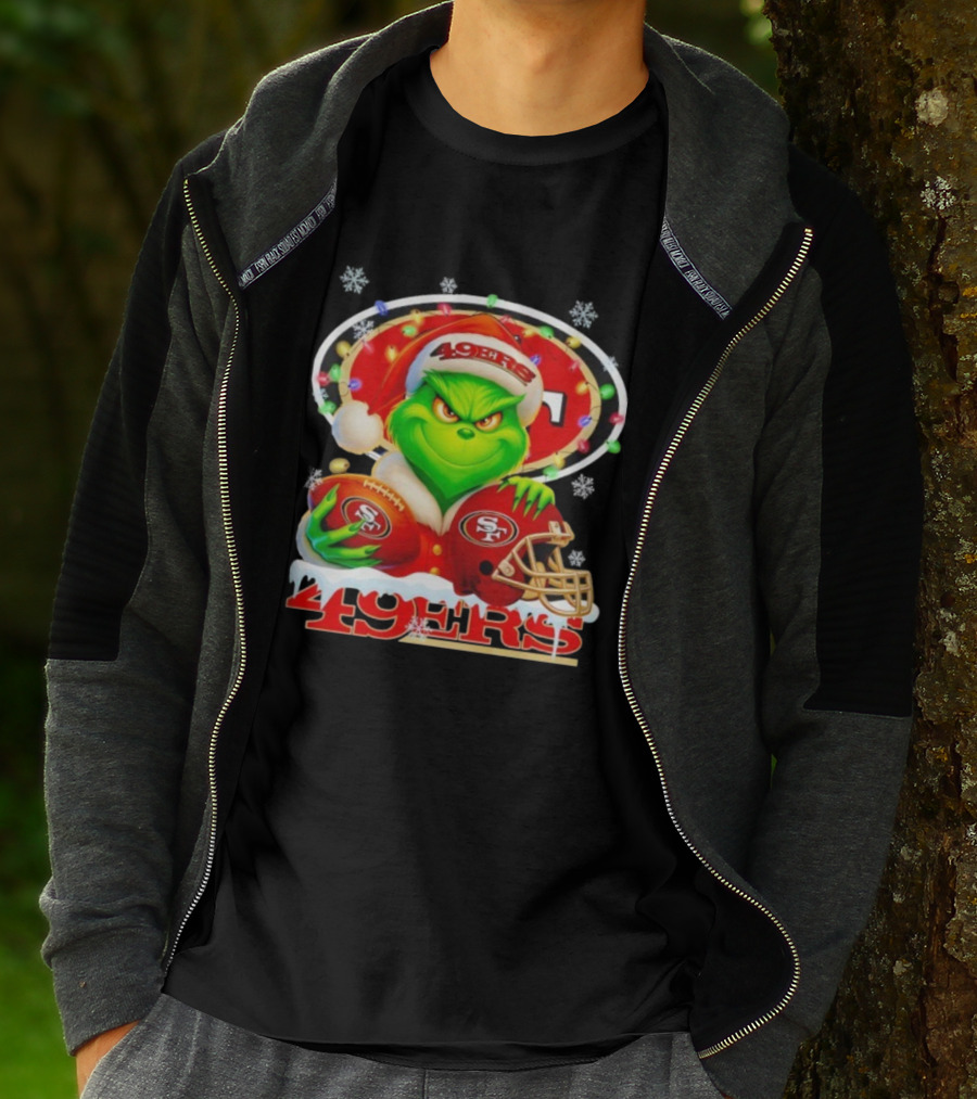 Grinch Holding Football And Helmet San Francisco 49ers Merry Christmas 49ers T-Shirt