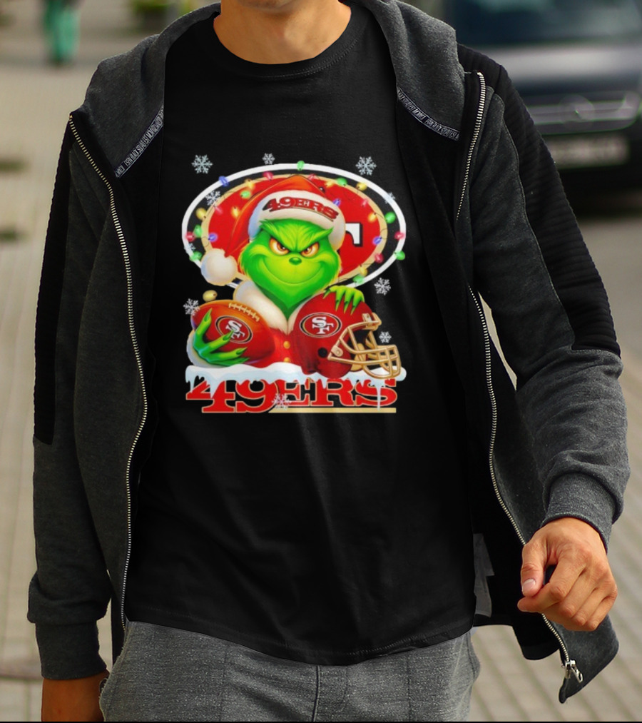 Grinch Holding Football And Helmet San Francisco 49ers Merry Christmas 49ers T-Shirt