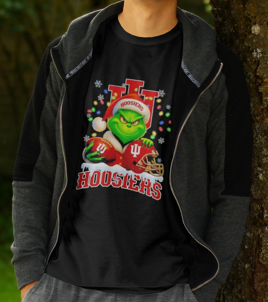 Grinch Santa With Indiana Hoosiers Football Helmet Christmas Theme T-Shirt