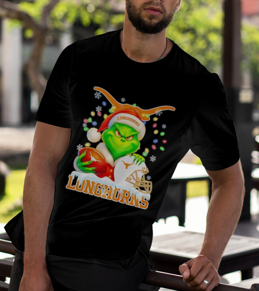 Grinch With Texas Longhorns Christmas Football Helmet And Santa Hat T-Shirt