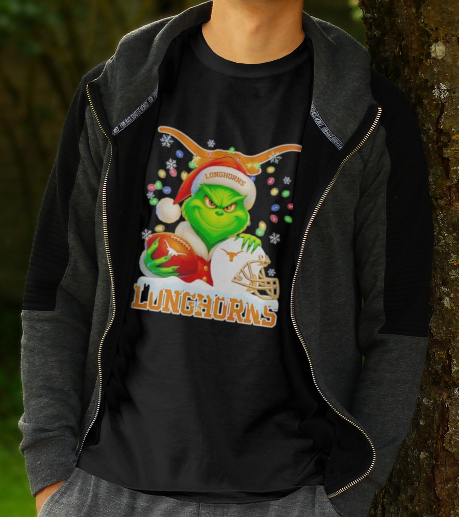 Grinch With Texas Longhorns Christmas Football Helmet And Santa Hat T-Shirt