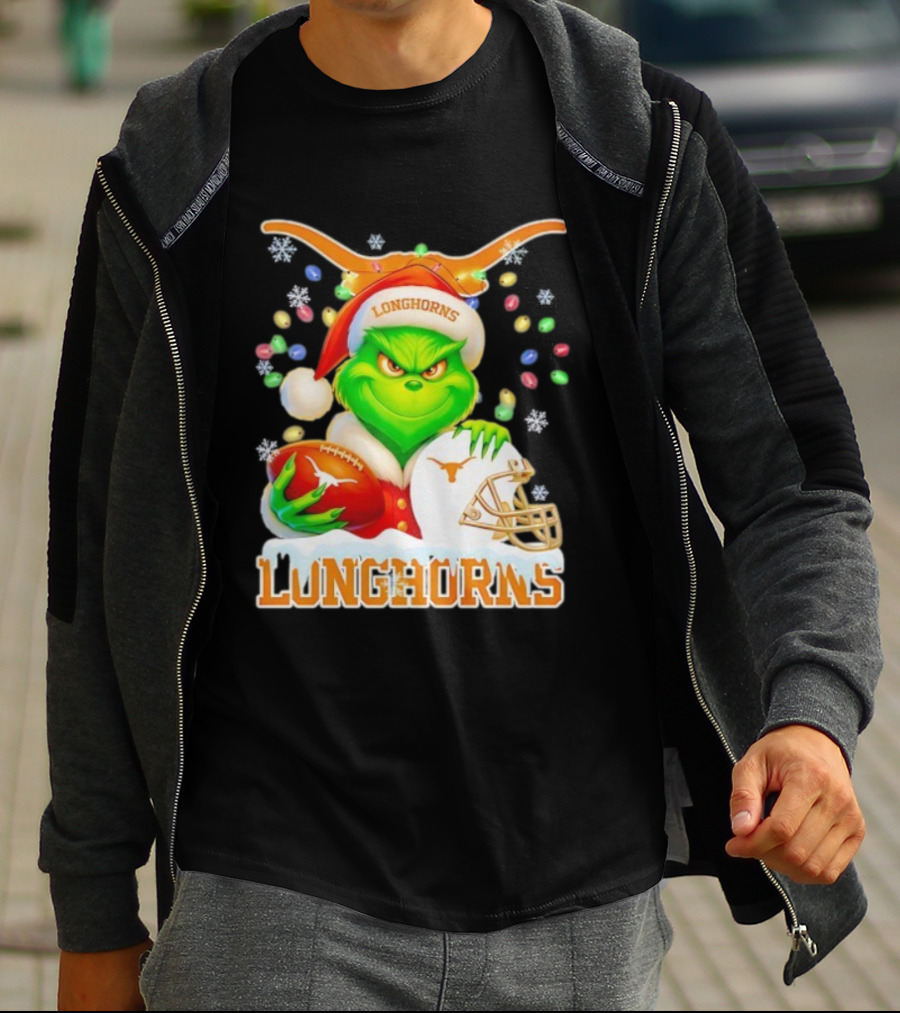 Grinch With Texas Longhorns Christmas Football Helmet And Santa Hat T-Shirt