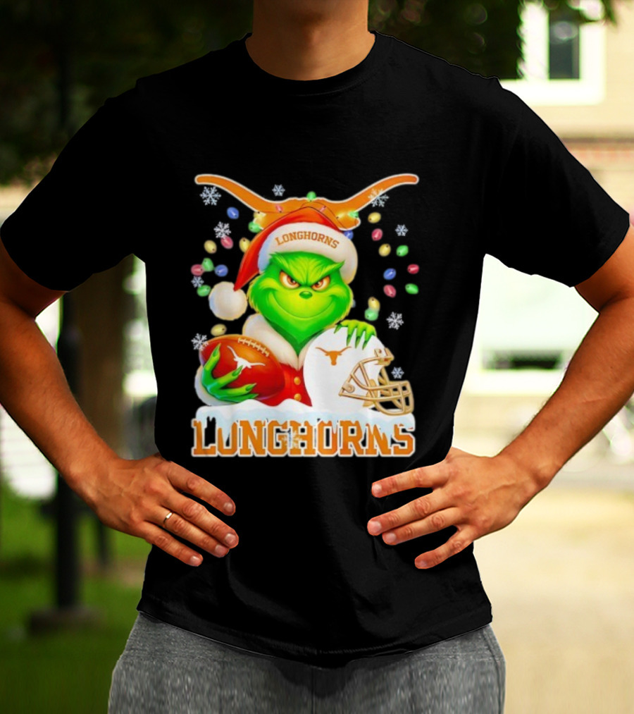 Grinch With Texas Longhorns Christmas Football Helmet And Santa Hat T-Shirt