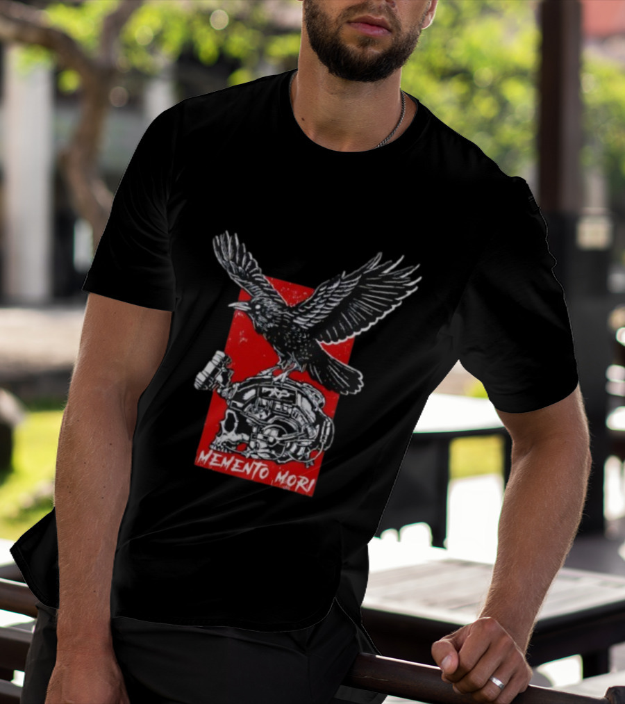Raven Memento Mori Skull Helmet Red Background T-Shirt