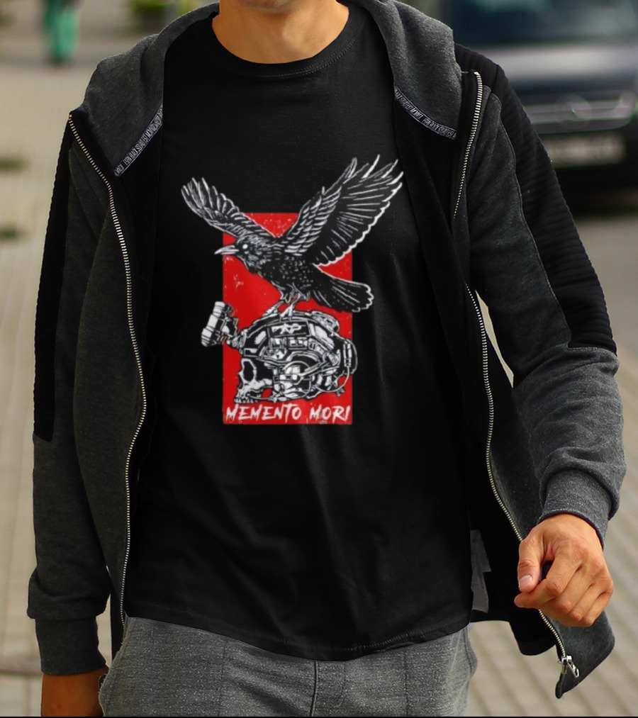 Raven Memento Mori Skull Helmet Red Background T-Shirt