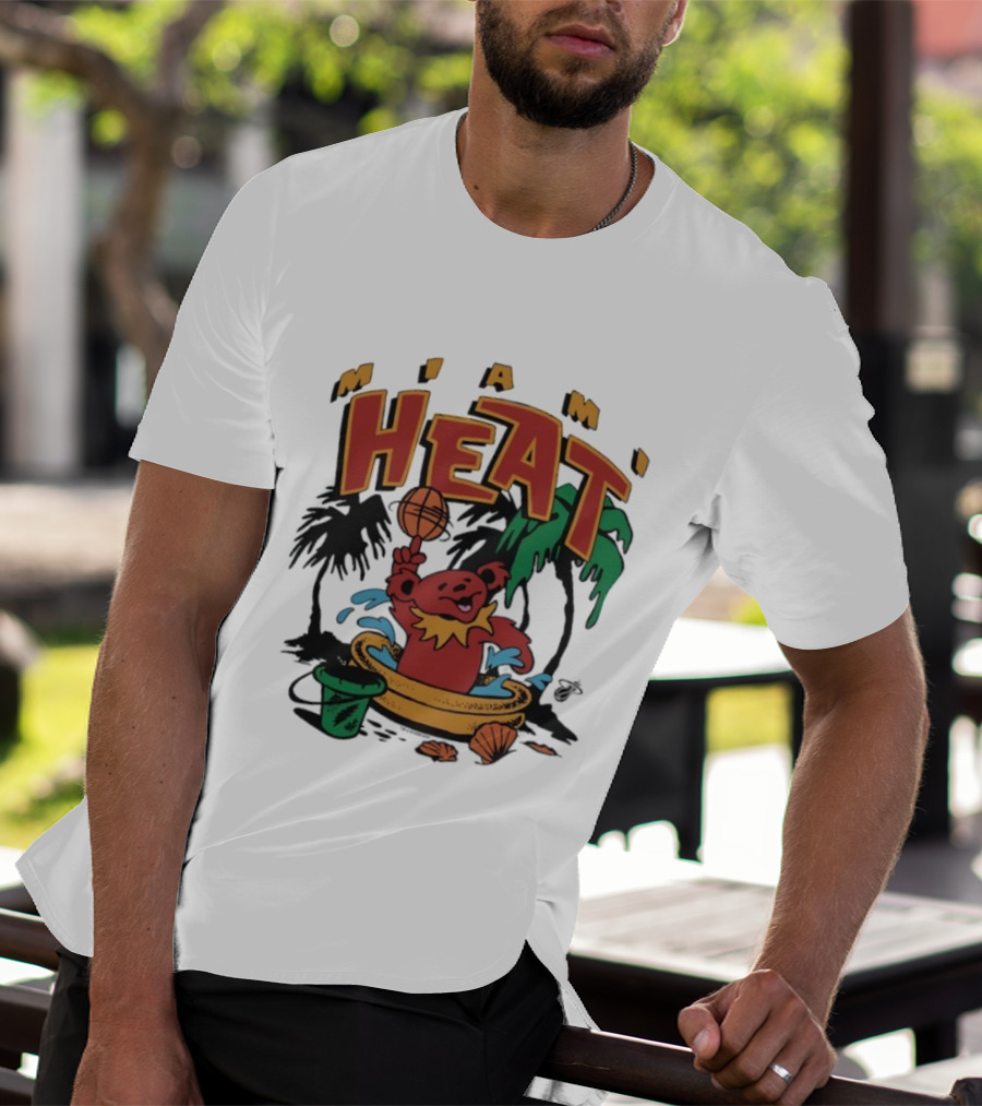 Grateful Dead Bear Miami Heat Basketball Palm Trees Beach Theme T-Shirt