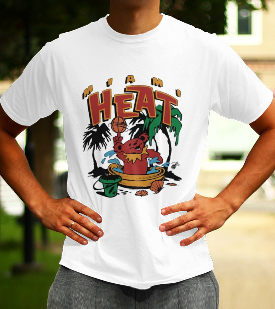 Grateful Dead Bear Miami Heat Basketball Palm Trees Beach Theme T-Shirt