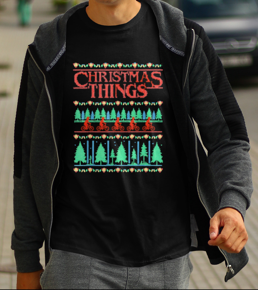 Christmas Things Holiday Sweater Lights And Bicycles Forest Theme T-Shirt