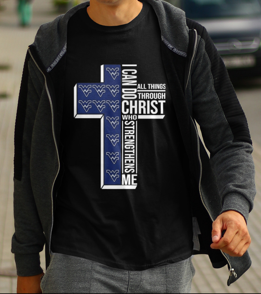 West Virginia NCAA Christian Cross I Can Do All Things Through Christ Who Strengthens Me T-Shirt