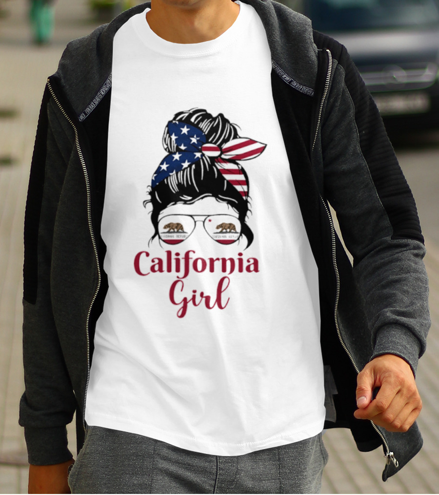 California Girl Sunglasses Bear Bandana Stars Stripes T-Shirt