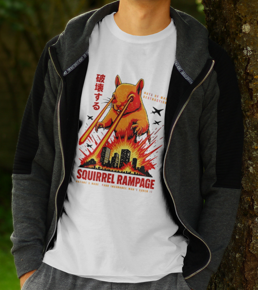 Squirrel Rampage Laser Eyes Skyline Destruction Nuts Of Mass Destruction T-Shirt