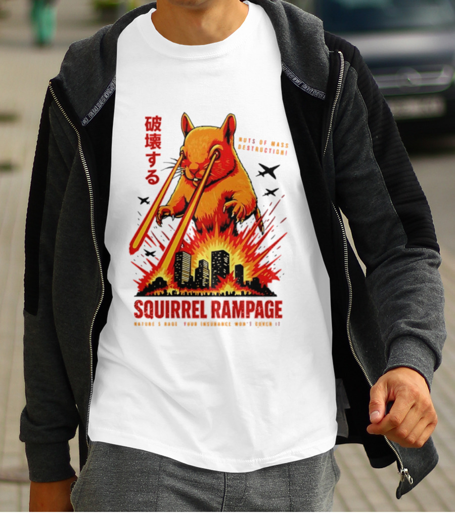 Squirrel Rampage Laser Eyes Skyline Destruction Nuts Of Mass Destruction T-Shirt