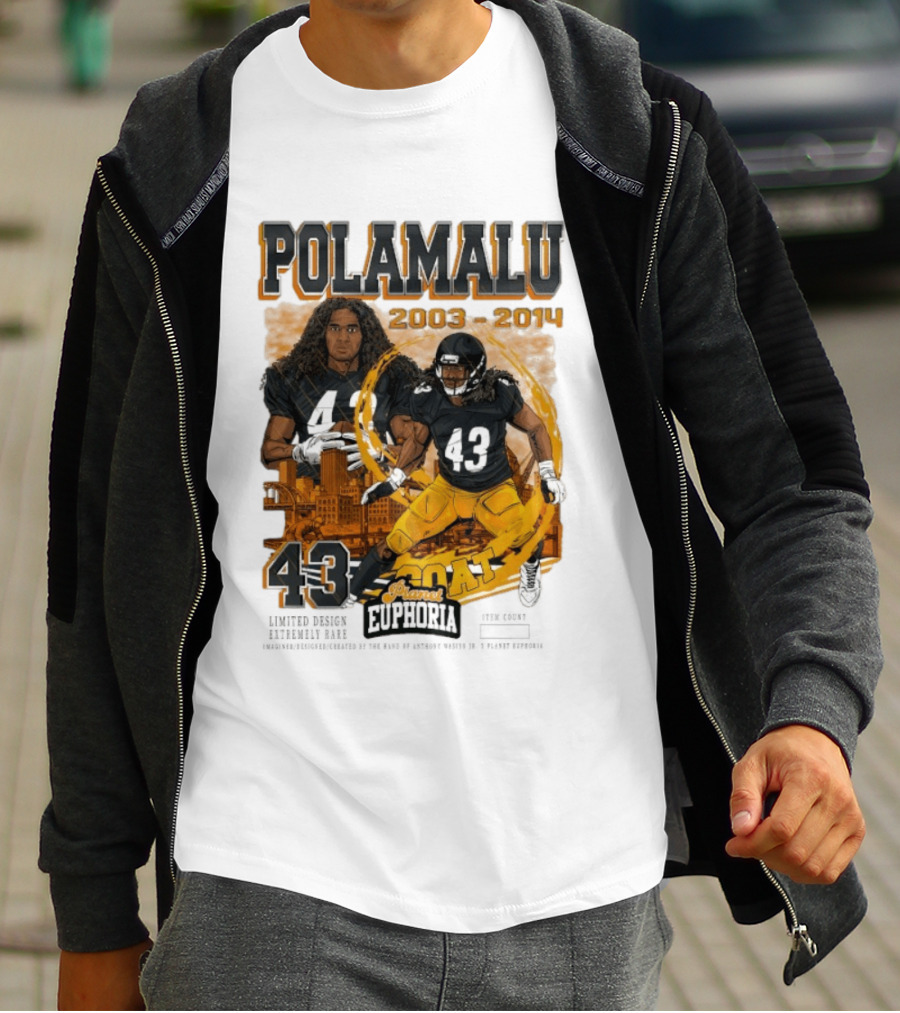 Polamalu 43 Planet Euphoria 2003 2014 GOAT Steelers T-Shirt