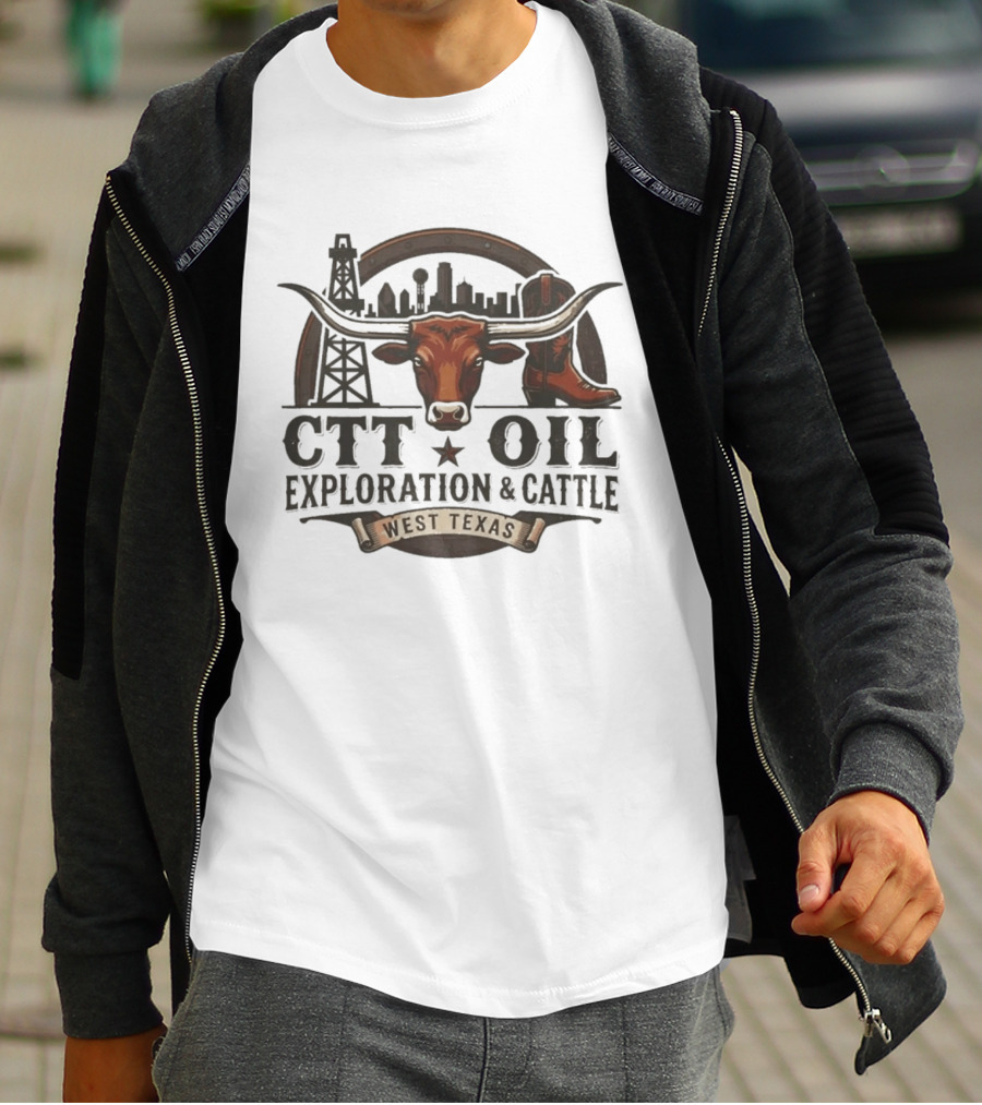 CTT Oil Exploration And Cattle Longhorn West Texas Oilfield Skyline Cowboys T-Shirt