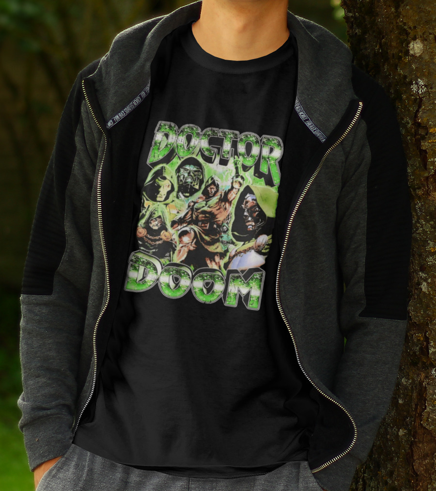 Doctor Doom 90s Bootleg Rap Vintage Style Green Comic Collage T-Shirt