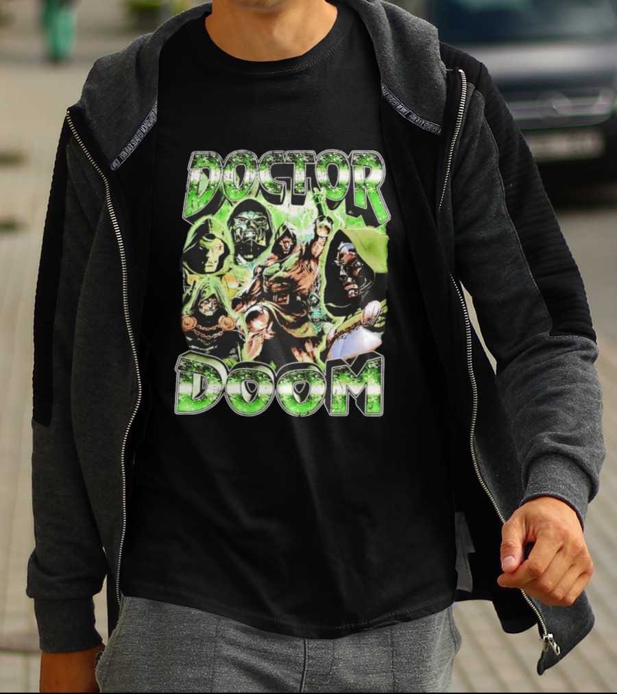 Doctor Doom 90s Bootleg Rap Vintage Style Green Comic Collage T-Shirt