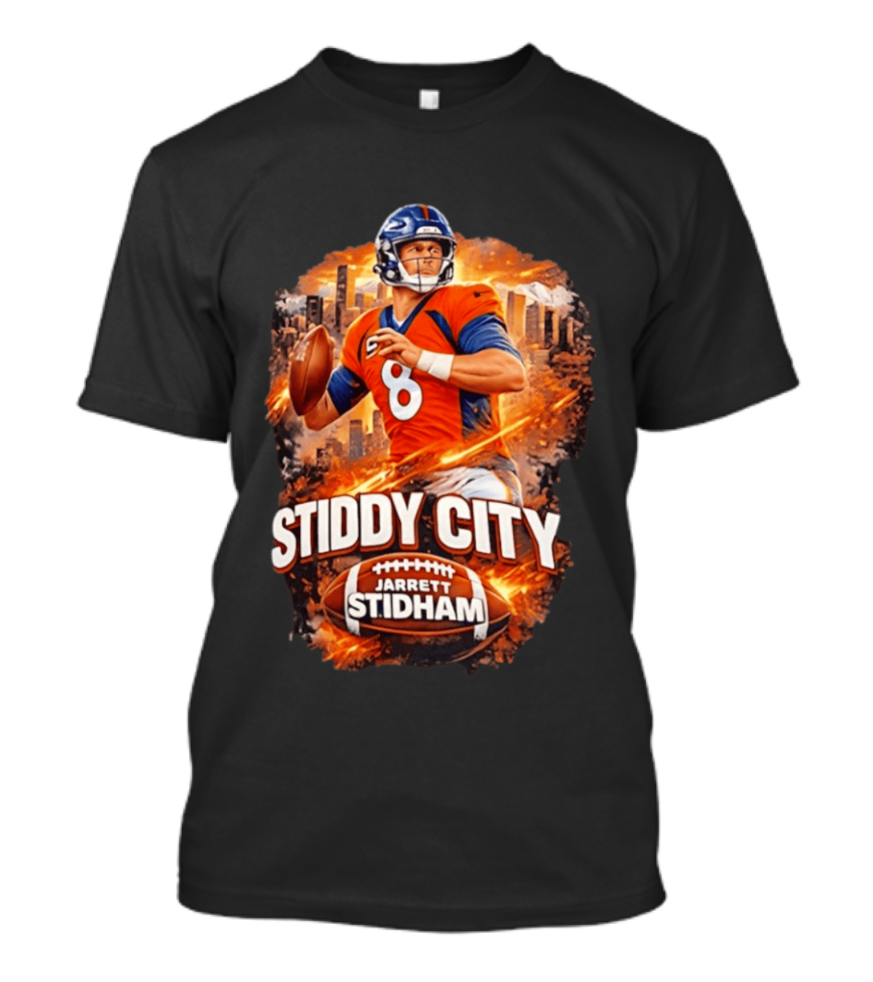 Stiddy City Jarrett Stidham Denver Broncos Quarterback 8 Urban Skyline Football T-Shirt