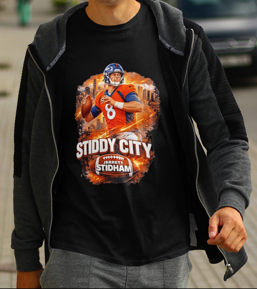 Stiddy City Jarrett Stidham Denver Broncos Quarterback 8 Urban Skyline Football T-Shirt
