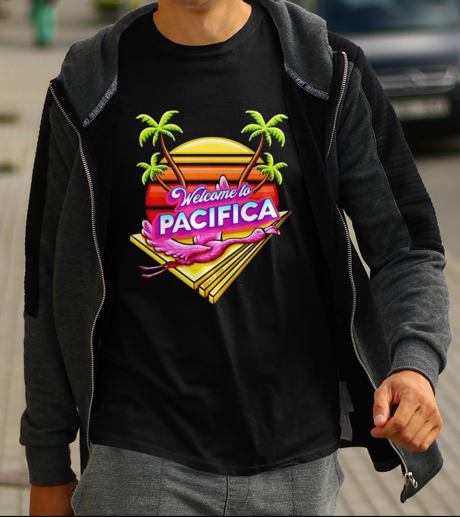 Welcome To Pacifica Flamingo Sunset Palms T-Shirt
