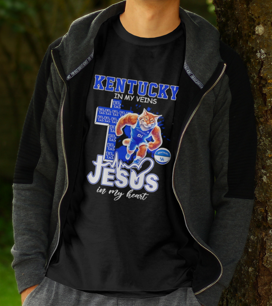 Kentucky Wildcats In My Veins Jesus In My Heart Wildcat Cross T-Shirt