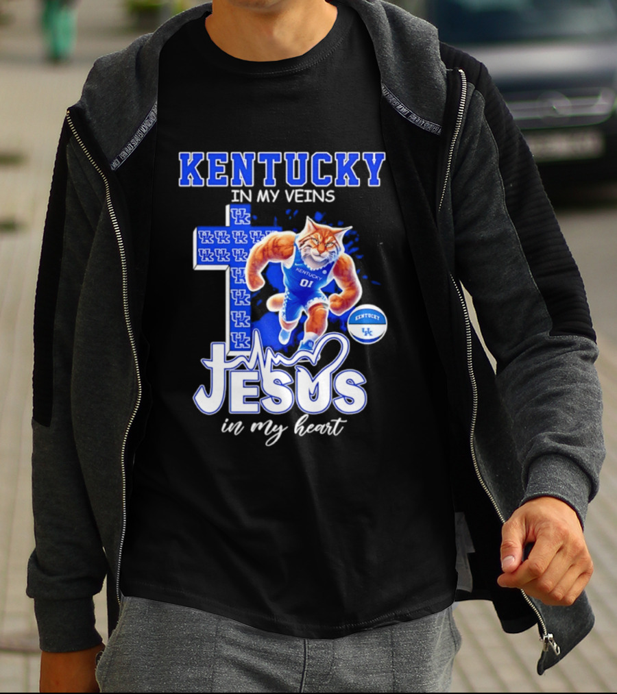Kentucky Wildcats In My Veins Jesus In My Heart Wildcat Cross T-Shirt