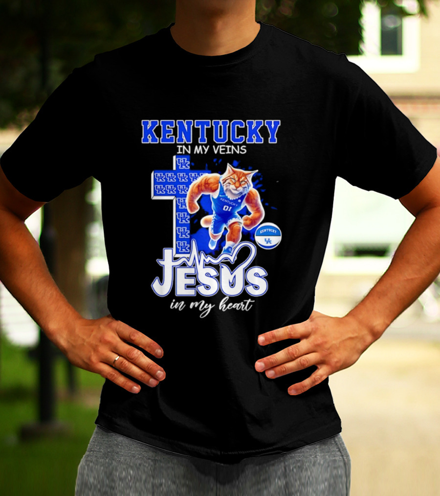 Kentucky Wildcats In My Veins Jesus In My Heart Wildcat Cross T-Shirt