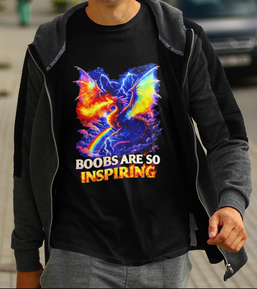 Boobs Are So Inspiring Dragon Rainbow Storm Fantasy T-Shirt