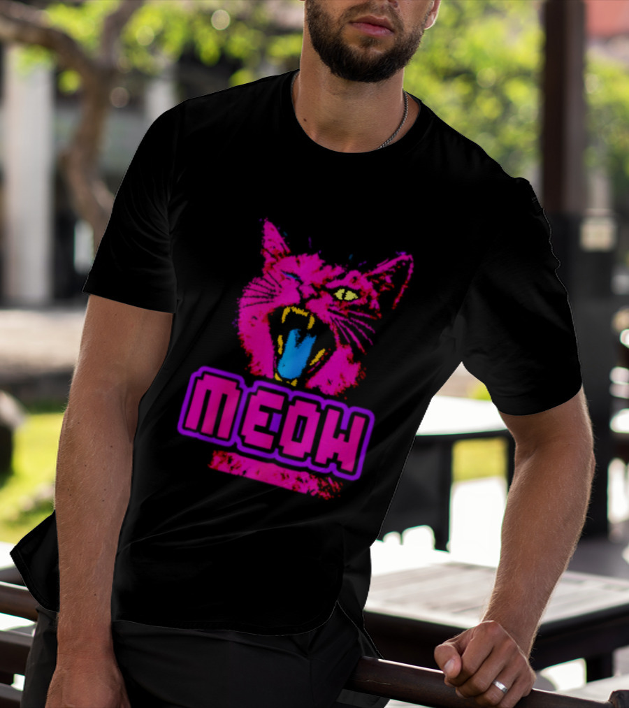 Neon Pink Angry Cat MEOW Cyberpunk Aesthetic Retro Futuristic T-Shirt