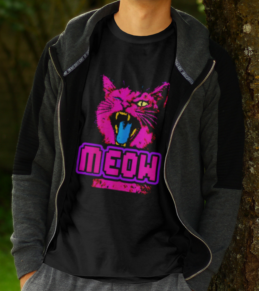 Neon Pink Angry Cat MEOW Cyberpunk Aesthetic Retro Futuristic T-Shirt