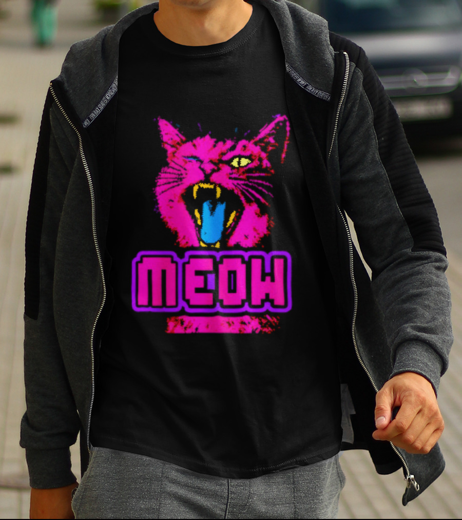 Neon Pink Angry Cat MEOW Cyberpunk Aesthetic Retro Futuristic T-Shirt
