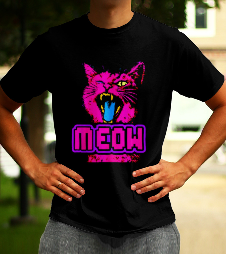 Neon Pink Angry Cat MEOW Cyberpunk Aesthetic Retro Futuristic T-Shirt