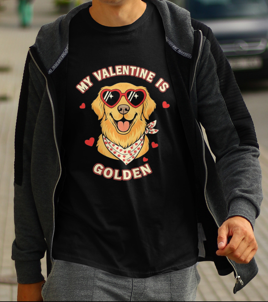 My Valentine Is Golden Retriever With Heart Sunglasses T-Shirt