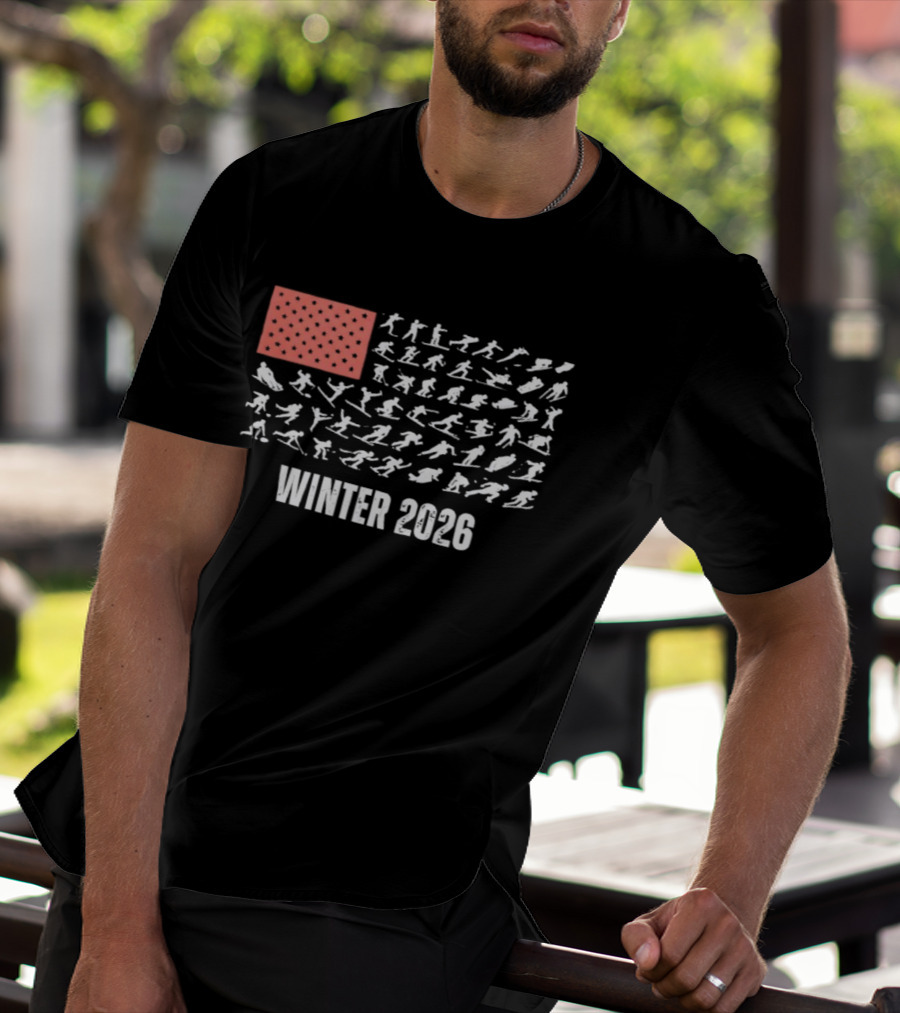 Patriotic USA Winter Sports 2026 Flag Skier Snowboarder T-Shirt
