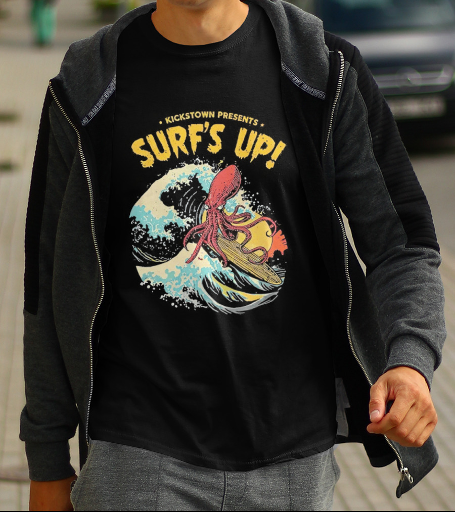 Kickstown Presents Surf's Up Octopus Riding Wave T-Shirt