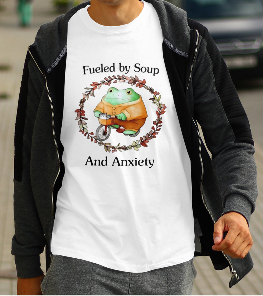 Fueled By Soup Frog Riding Scooter With Cat Surrounded By Autumn Leaves And Anxiety T-Shirt