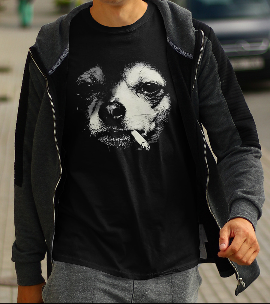 Chihuahua Smoking Cigarette Black And White T-Shirt