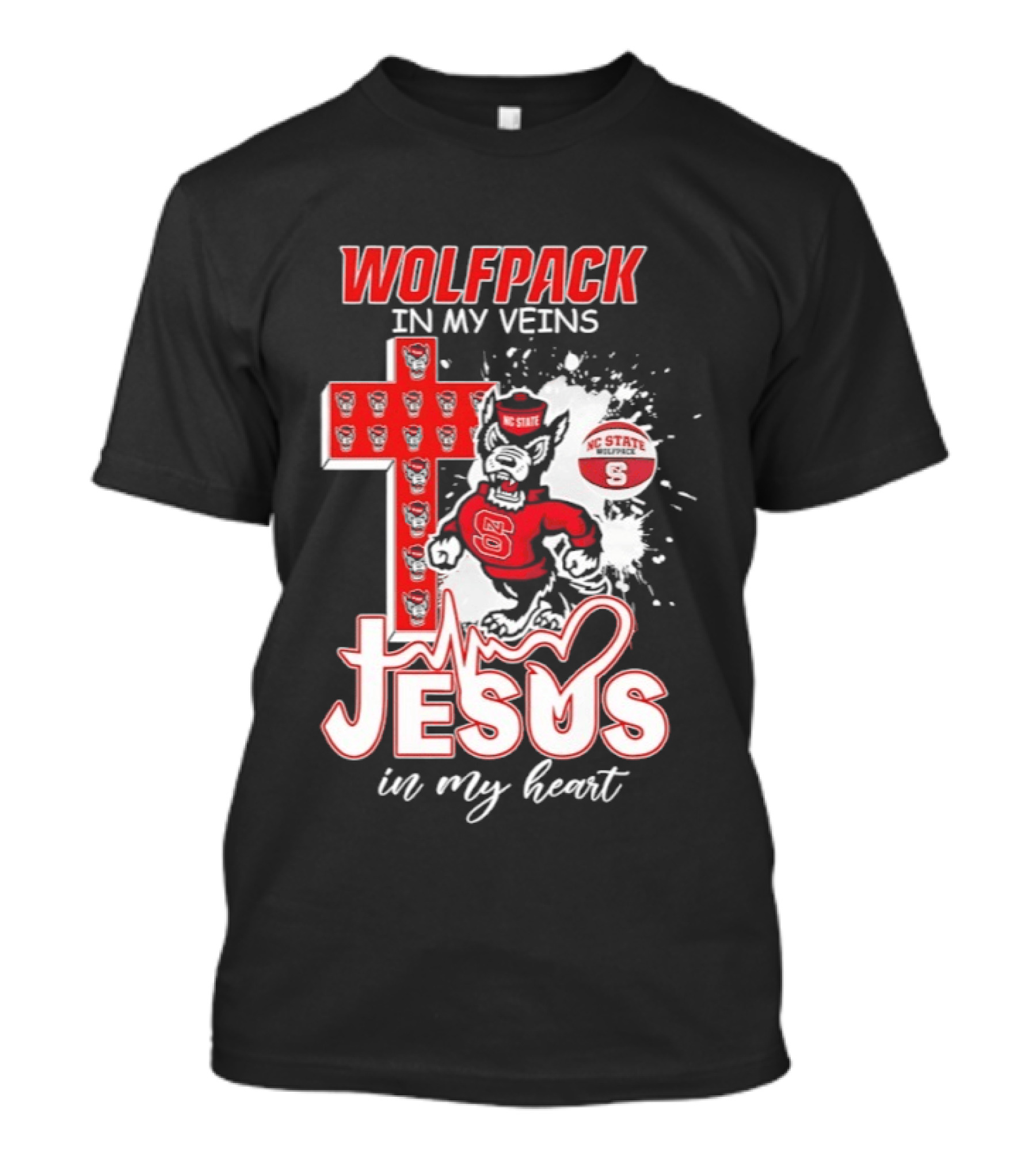 NC State Wolfpack In My Veins Jesus In My Heart Faithful Cross T-Shirt